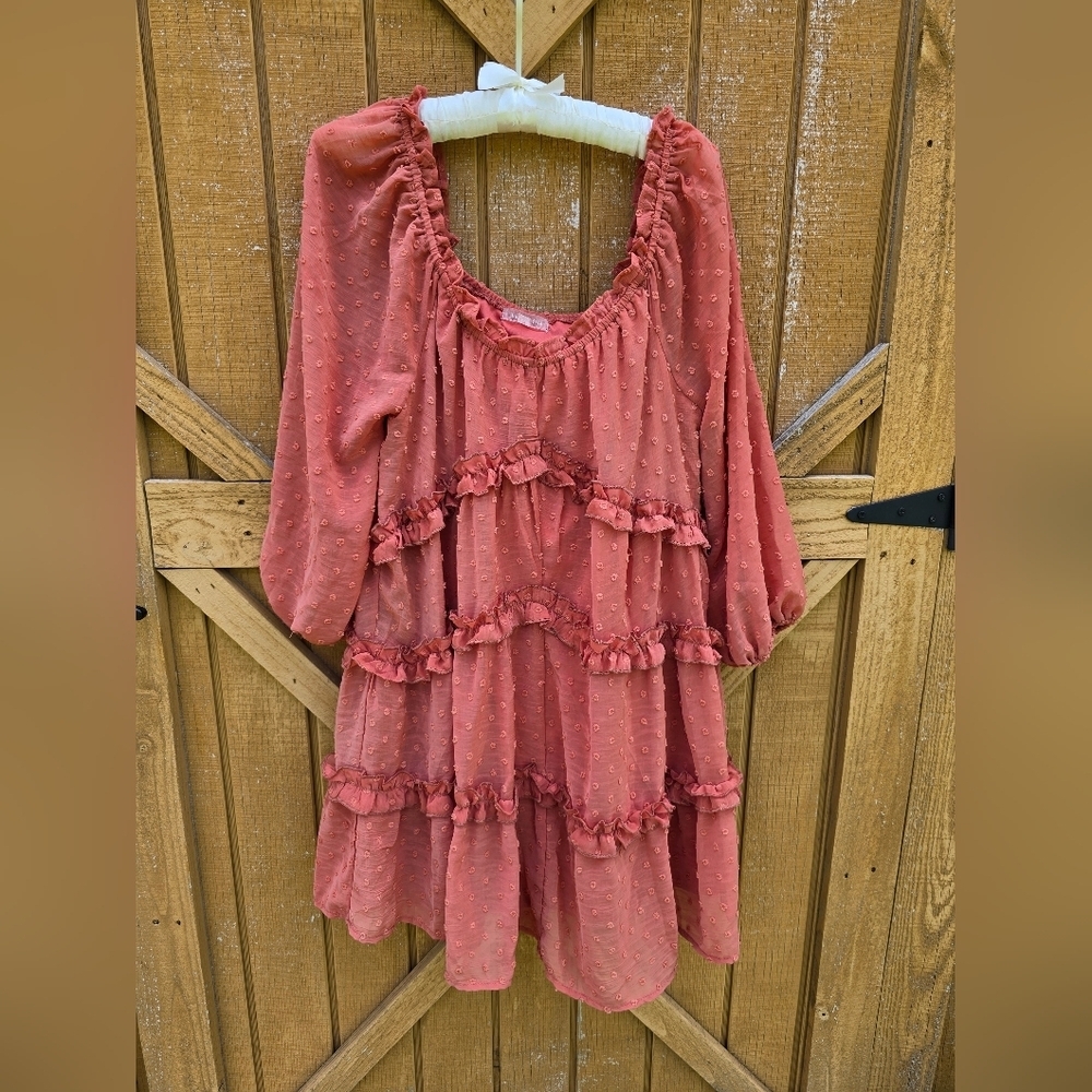 Lovecolette Rust Orange Ruffled Babydoll Tiered Dress Size Small